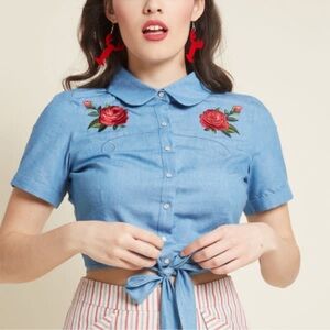 ModCloth x Collectif Sammy Western Rose Tie Blouse Sz L